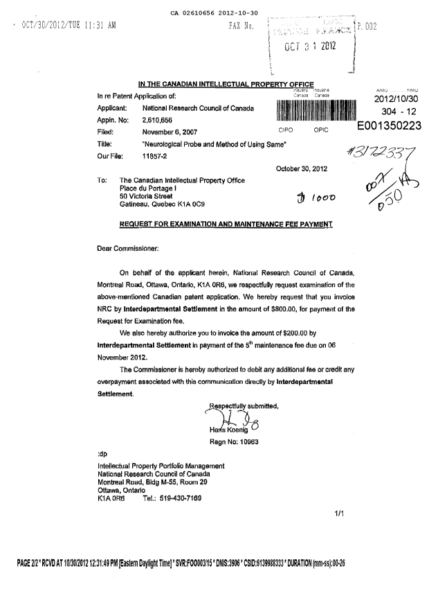 Canadian Patent Document 2610656. Prosecution-Amendment 20121030. Image 1 of 2