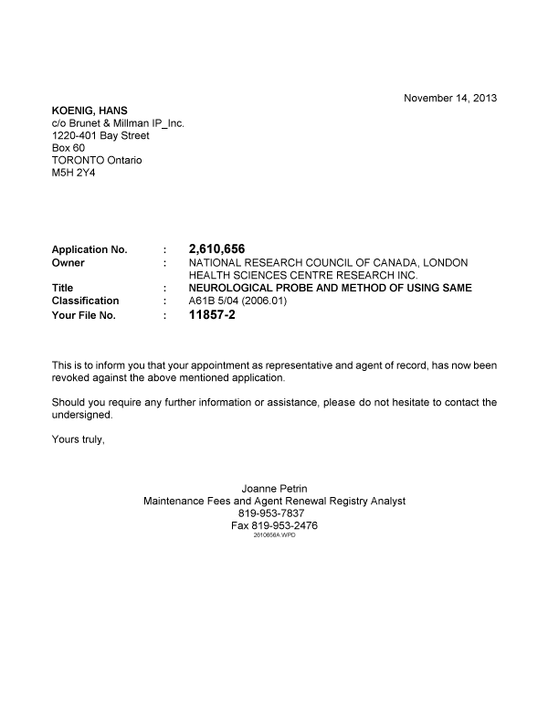 Canadian Patent Document 2610656. Correspondence 20131114. Image 1 of 1