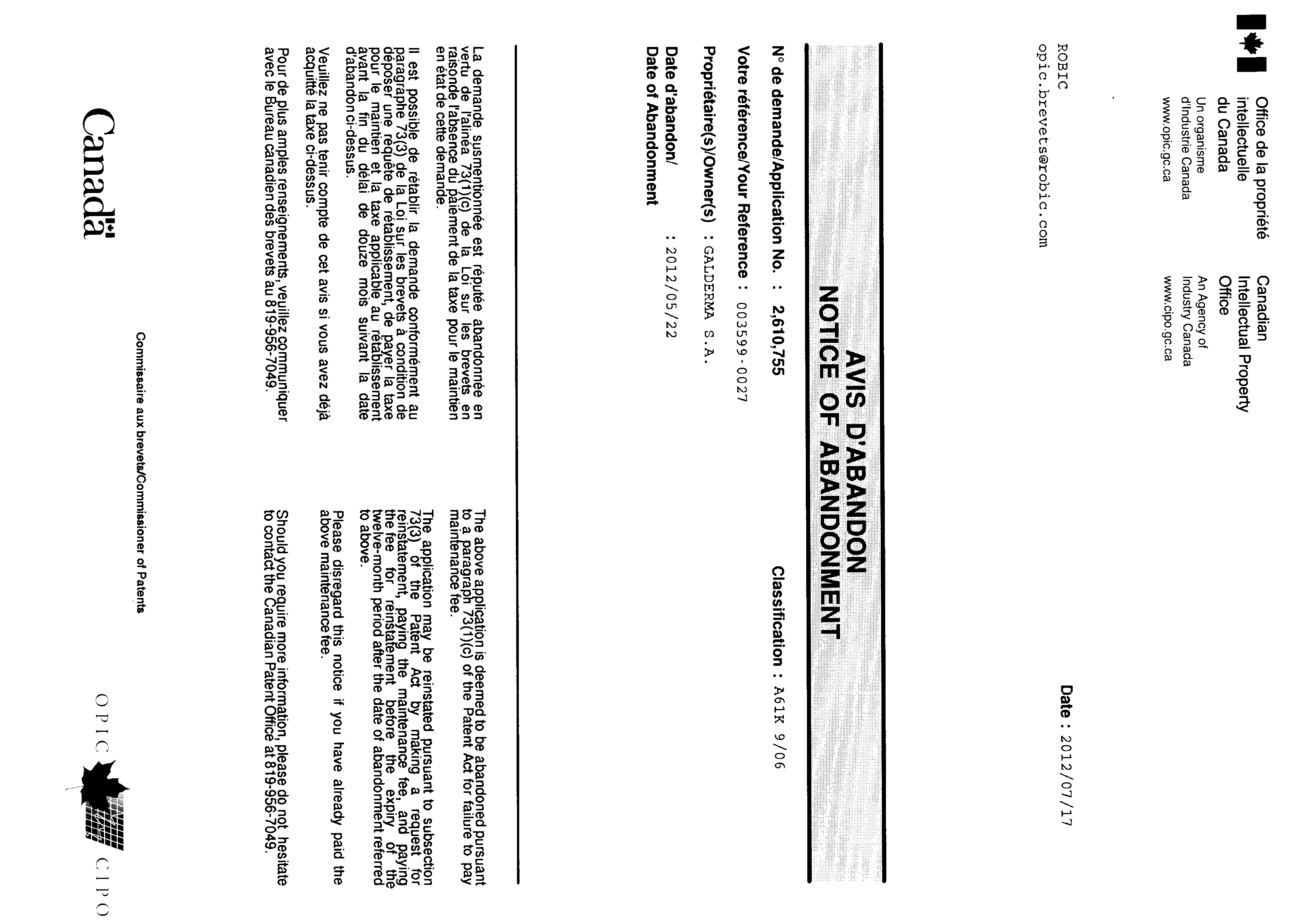 Document de brevet canadien 2610755. Correspondance 20111217. Image 1 de 1