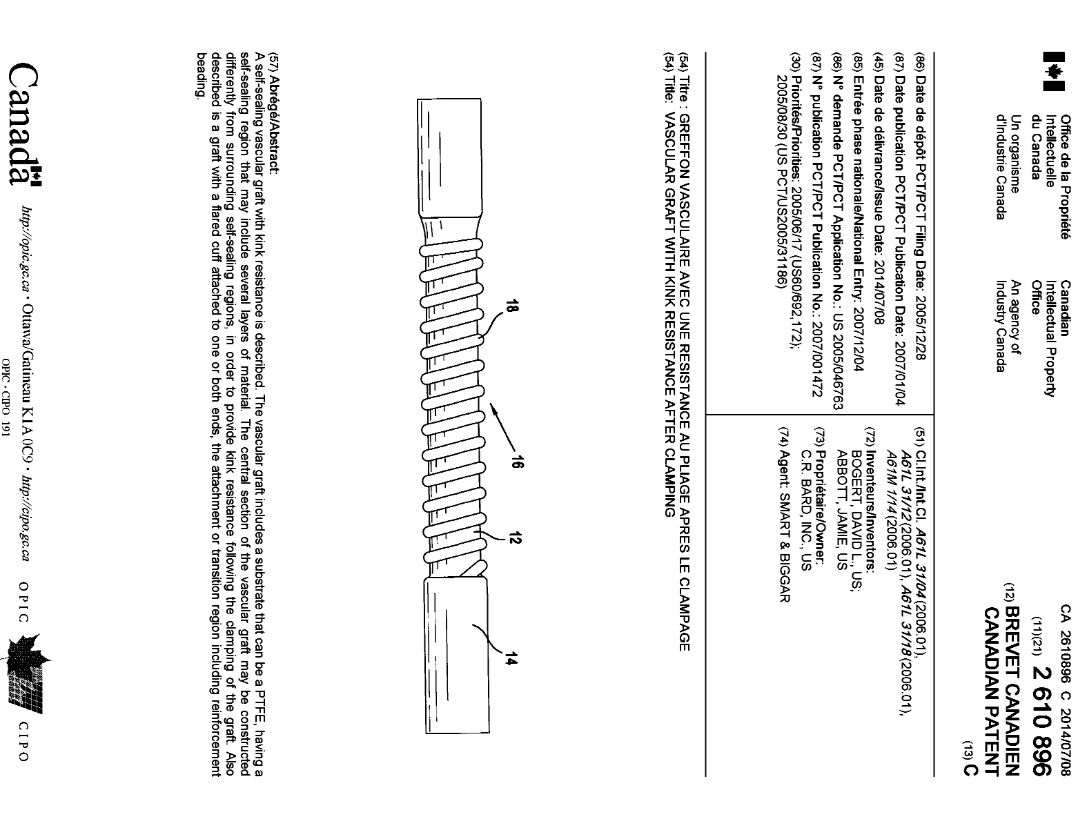 Document de brevet canadien 2610896. Page couverture 20131209. Image 1 de 1