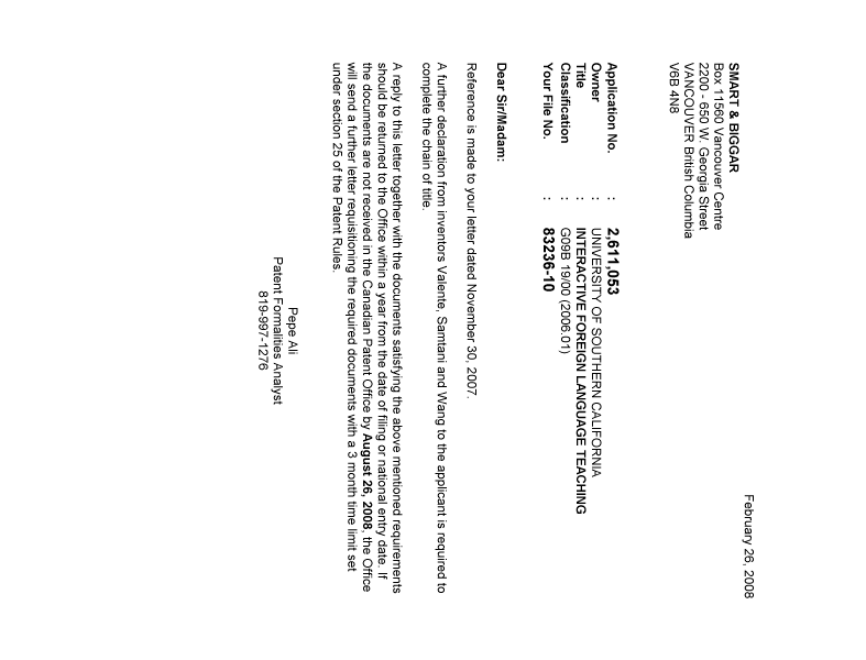 Canadian Patent Document 2611053. Correspondence 20080221. Image 1 of 1