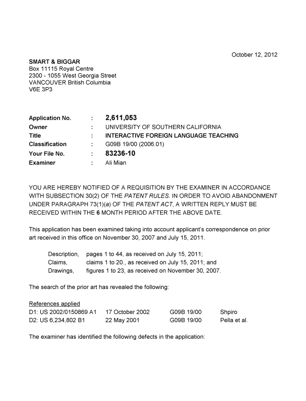 Document de brevet canadien 2611053. Poursuite-Amendment 20121012. Image 1 de 3