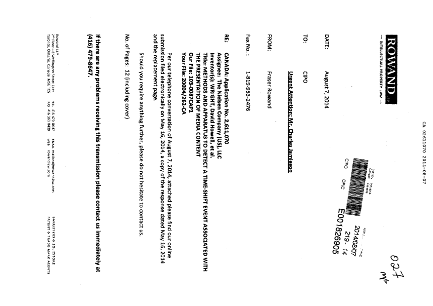 Canadian Patent Document 2611070. Prosecution-Amendment 20131207. Image 1 of 12