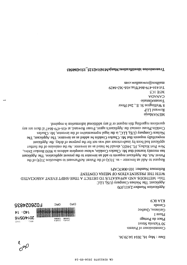 Document de brevet canadien 2611070. Correspondance 20131216. Image 1 de 1