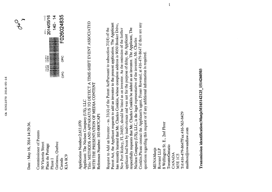 Canadian Patent Document 2611070. Correspondence 20131216. Image 1 of 1