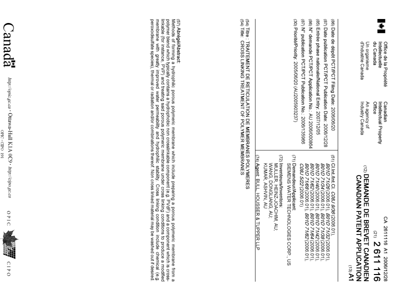 Document de brevet canadien 2611116. Page couverture 20071229. Image 1 de 1