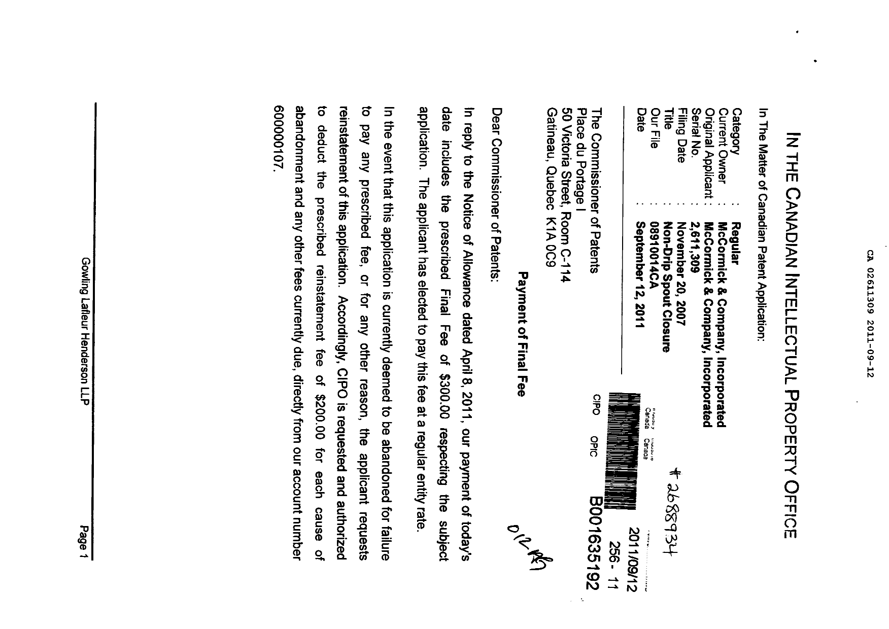 Canadian Patent Document 2611309. Correspondence 20110912. Image 1 of 2