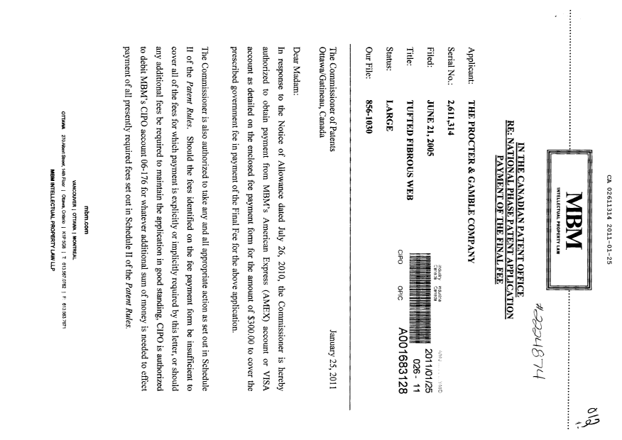 Canadian Patent Document 2611314. Correspondence 20101225. Image 1 of 2