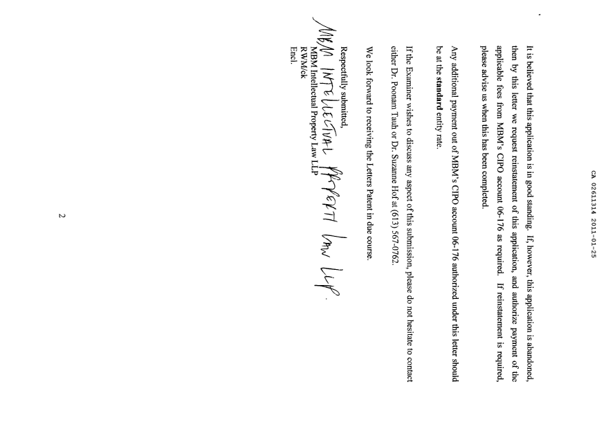 Document de brevet canadien 2611314. Correspondance 20101225. Image 2 de 2