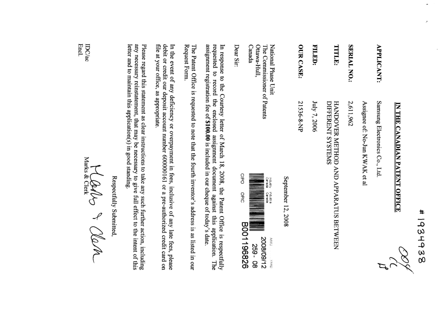 Document de brevet canadien 2611962. Cession 20080912. Image 1 de 4