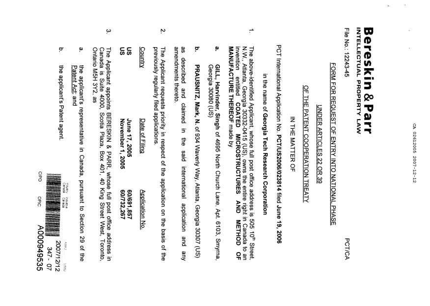 Document de brevet canadien 2612005. Cession 20071212. Image 2 de 4