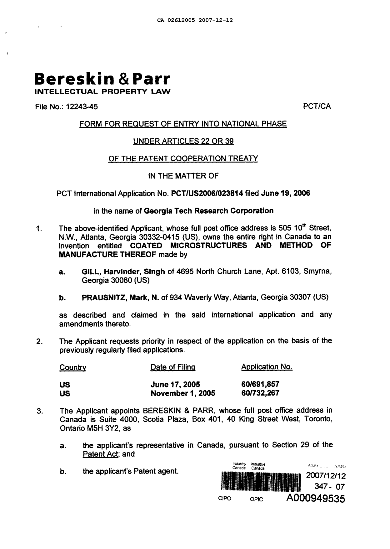 Document de brevet canadien 2612005. Cession 20071212. Image 2 de 4