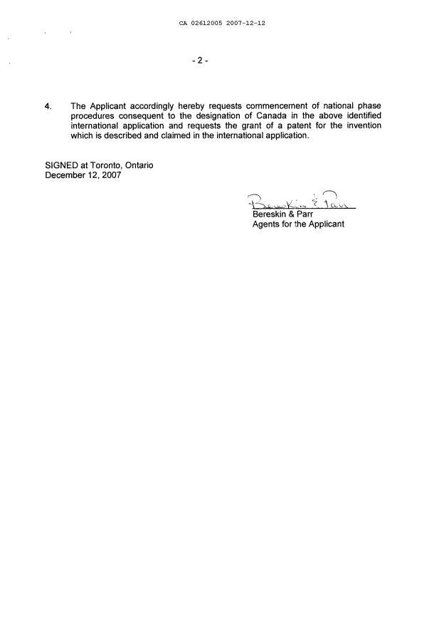 Document de brevet canadien 2612005. Cession 20071212. Image 3 de 4