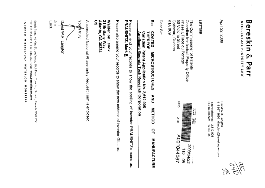 Document de brevet canadien 2612005. Correspondance 20071222. Image 1 de 3