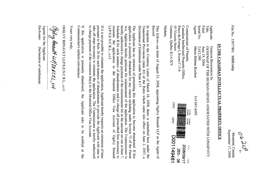 Document de brevet canadien 2612389. Correspondance 20080917. Image 1 de 2