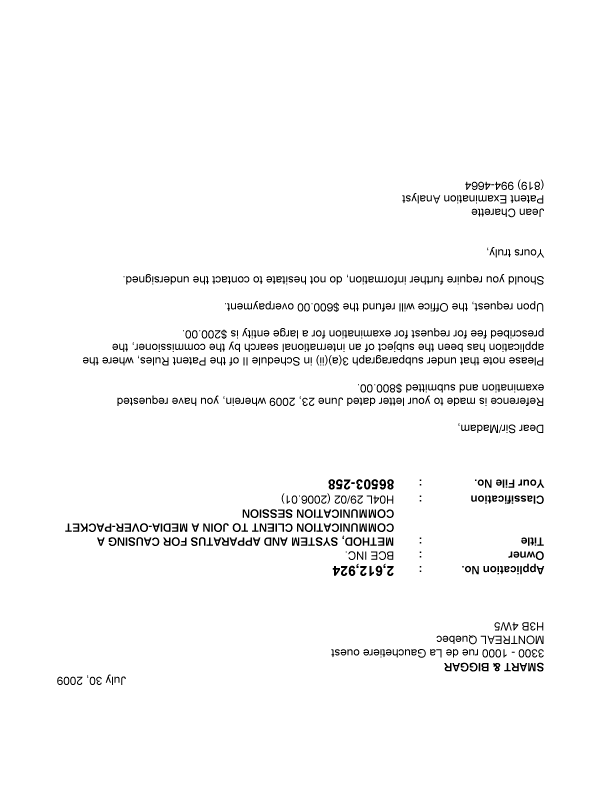 Canadian Patent Document 2612924. Prosecution-Amendment 20090730. Image 1 of 1