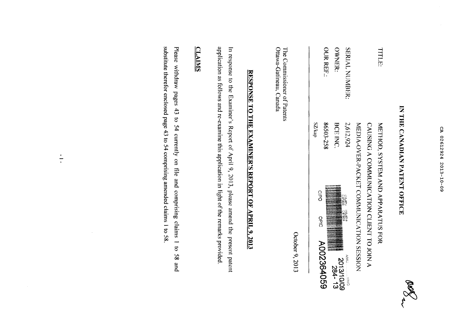 Canadian Patent Document 2612924. Prosecution-Amendment 20131009. Image 1 of 32