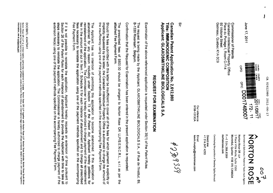 Canadian Patent Document 2612980. Prosecution-Amendment 20110617. Image 1 of 2