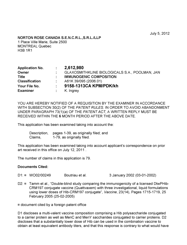 Document de brevet canadien 2612980. Poursuite-Amendment 20120705. Image 1 de 4