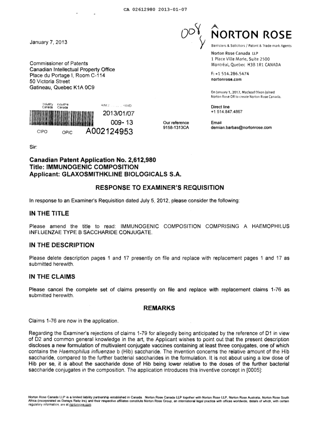 Document de brevet canadien 2612980. Poursuite-Amendment 20130107. Image 1 de 16
