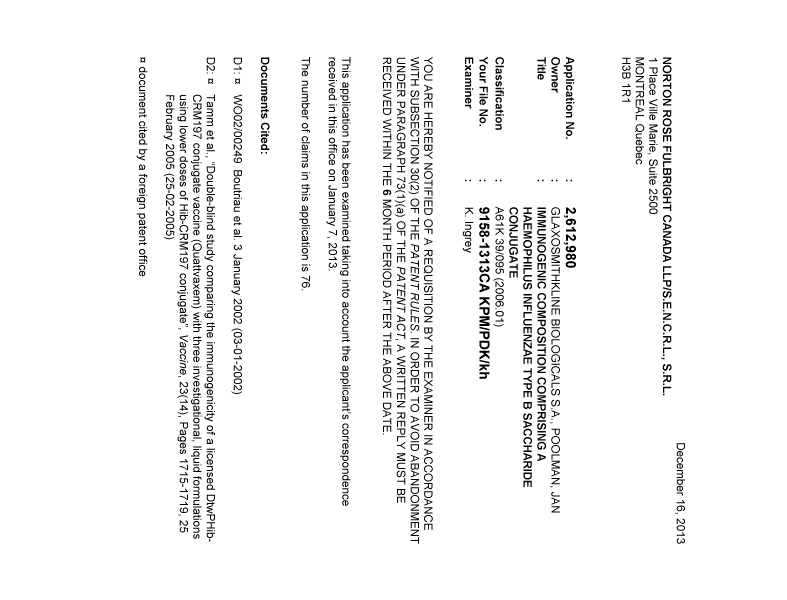 Canadian Patent Document 2612980. Prosecution-Amendment 20131216. Image 1 of 5