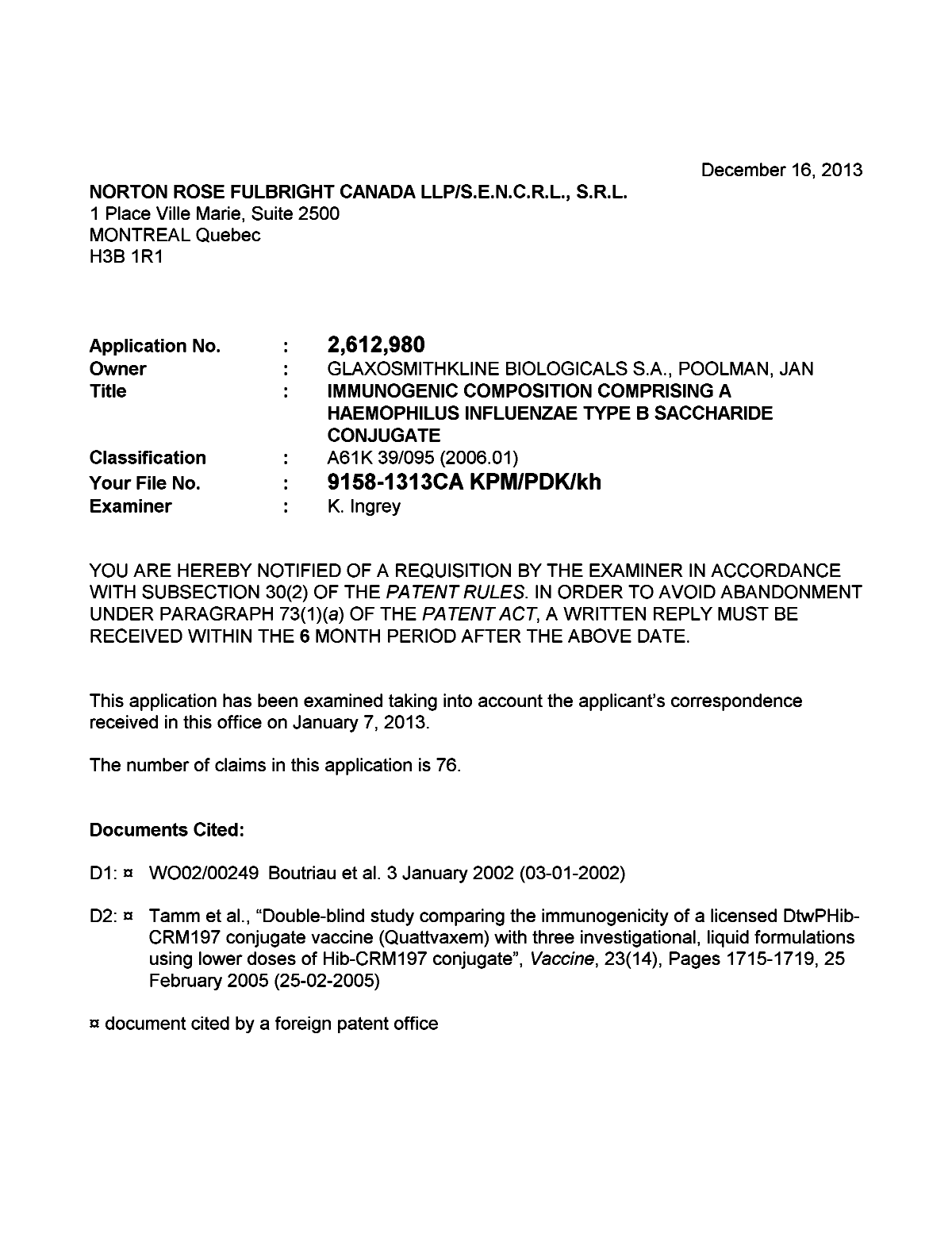 Canadian Patent Document 2612980. Prosecution-Amendment 20131216. Image 1 of 5