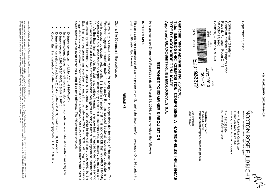 Canadian Patent Document 2612980. Amendment 20150915. Image 1 of 8