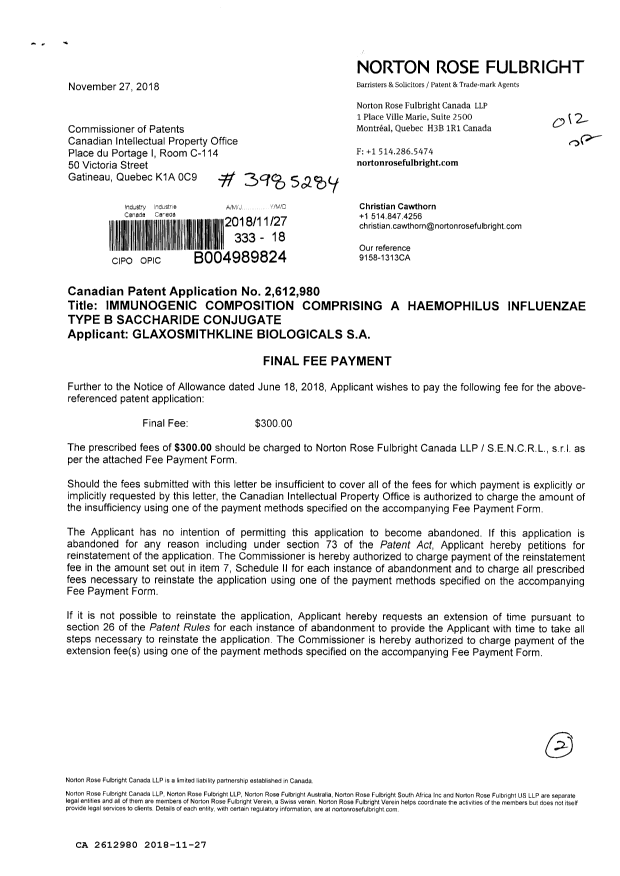 Document de brevet canadien 2612980. Taxe finale 20181127. Image 1 de 2