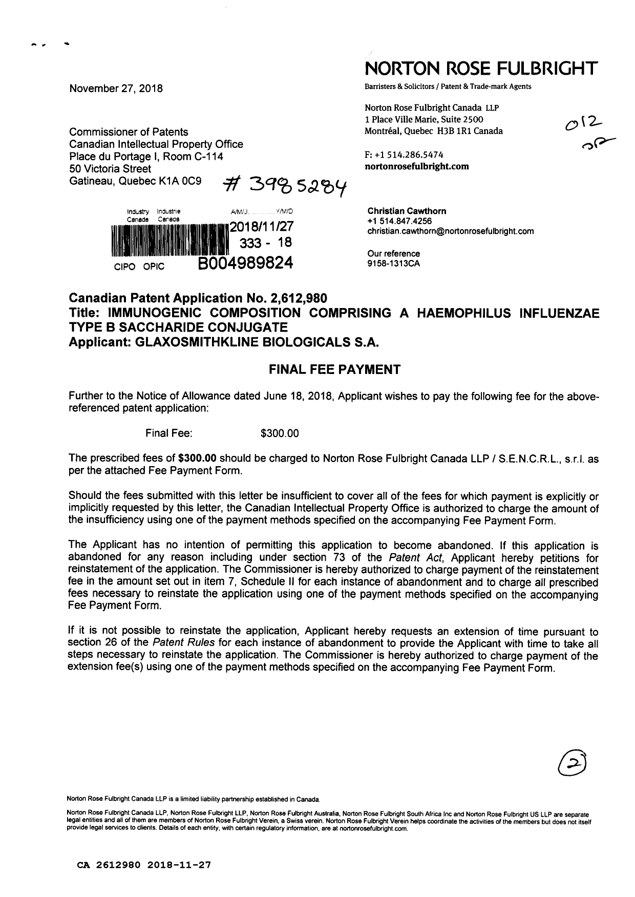 Canadian Patent Document 2612980. Final Fee 20181127. Image 1 of 2