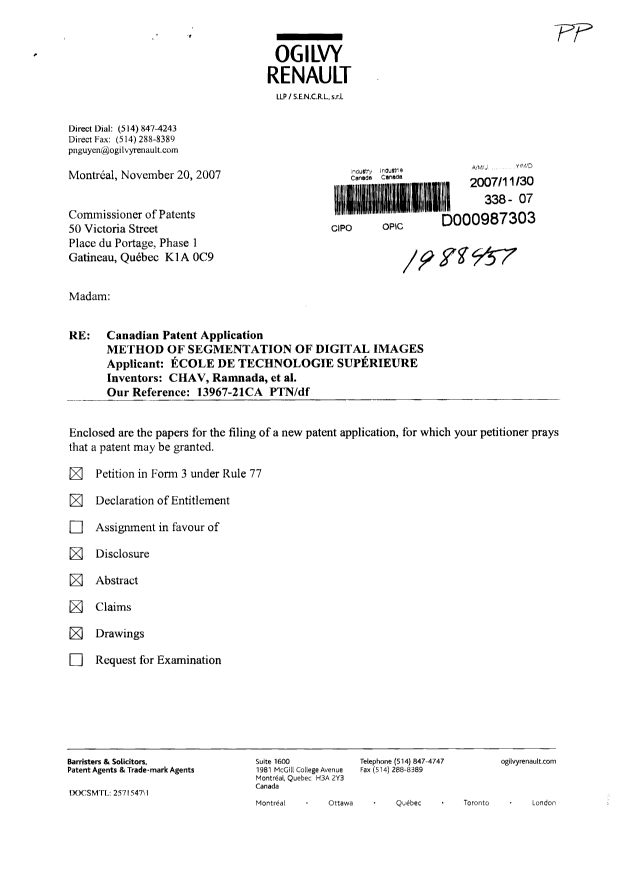 Document de brevet canadien 2613036. Cession 20071130. Image 1 de 6