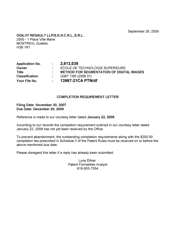 Document de brevet canadien 2613036. Correspondance 20090925. Image 1 de 1