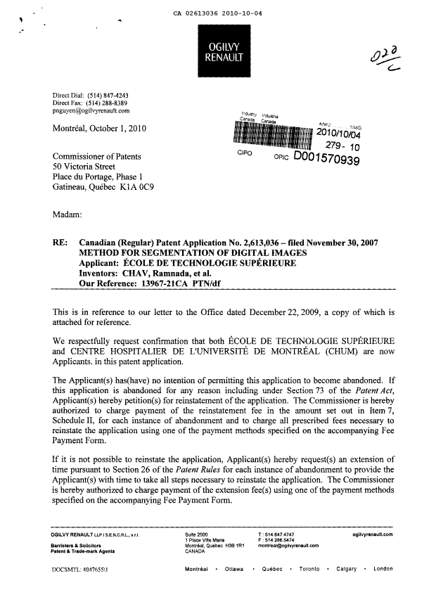 Document de brevet canadien 2613036. Correspondance 20101004. Image 1 de 7