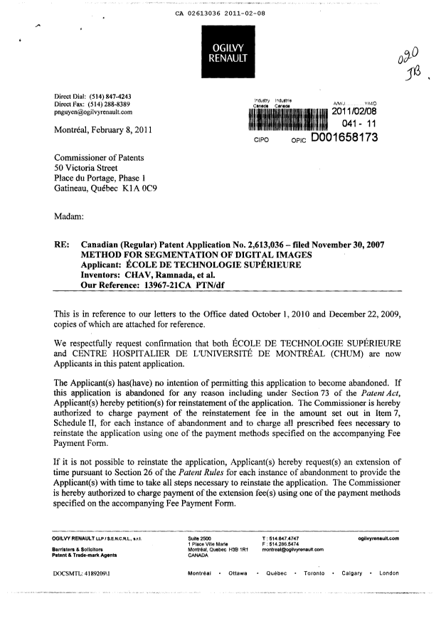 Document de brevet canadien 2613036. Correspondance 20110208. Image 1 de 8