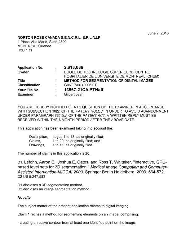 Document de brevet canadien 2613036. Poursuite-Amendment 20130607. Image 1 de 3