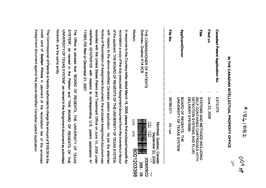 Document de brevet canadien 2613078. Cession 20080922. Image 1 de 8