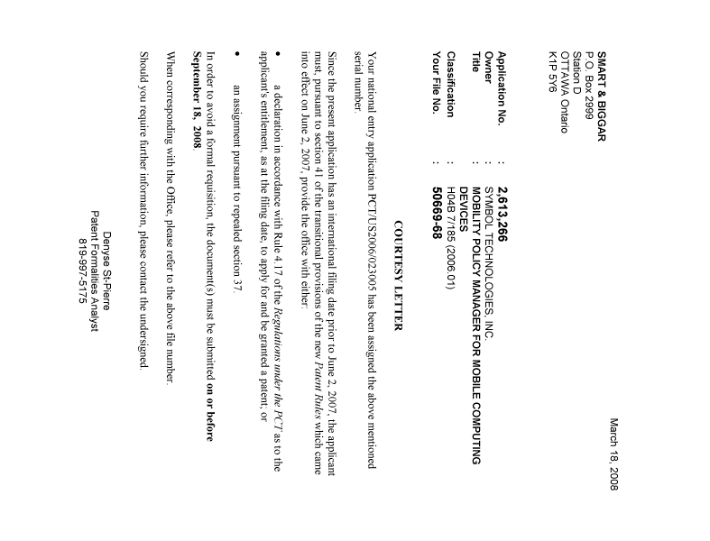 Document de brevet canadien 2613266. Correspondance 20080317. Image 1 de 1