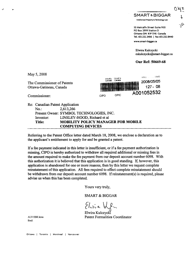 Canadian Patent Document 2613266. Correspondence 20080505. Image 1 of 2