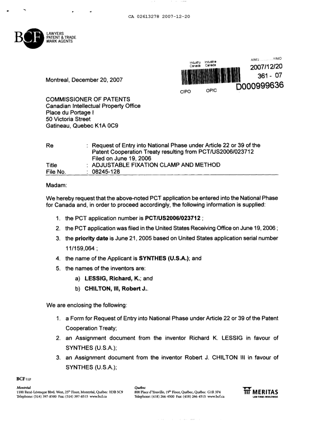 Document de brevet canadien 2613278. Cession 20061220. Image 1 de 18