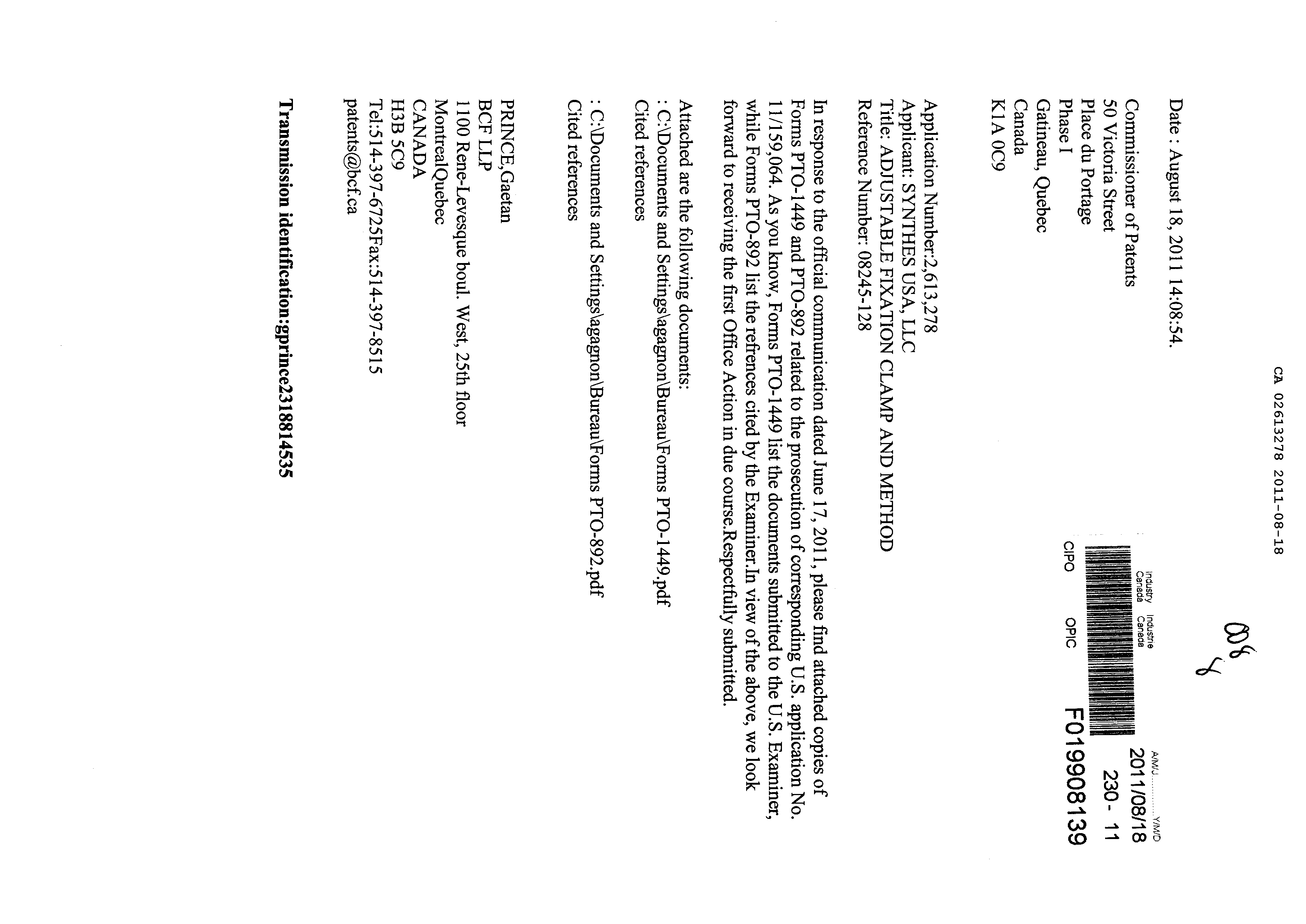 Canadian Patent Document 2613278. Prosecution-Amendment 20101218. Image 1 of 1