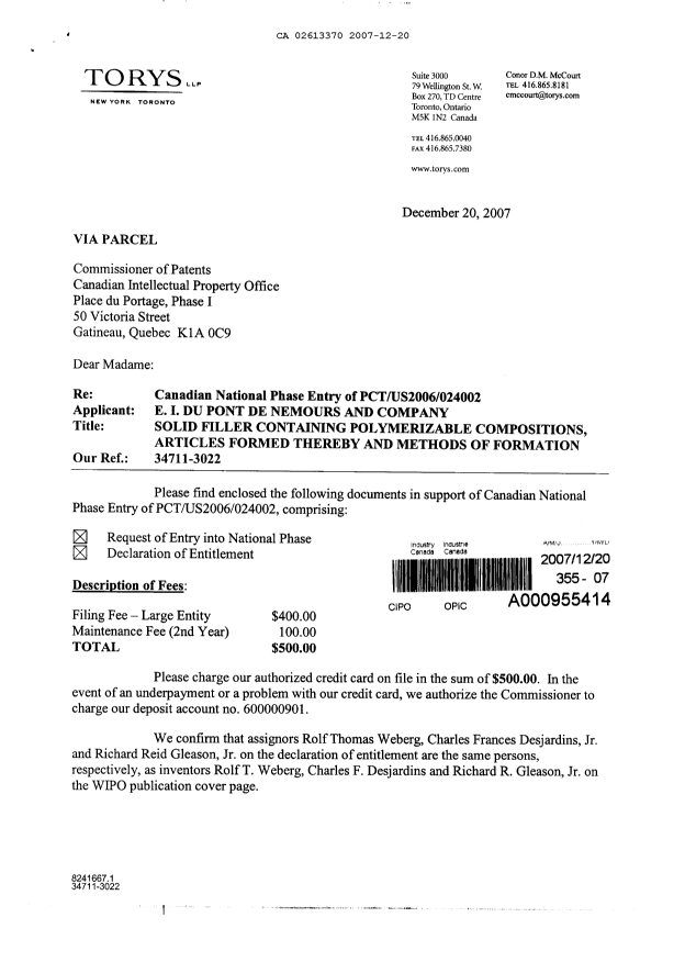 Canadian Patent Document 2613370. Assignment 20071220. Image 1 of 5