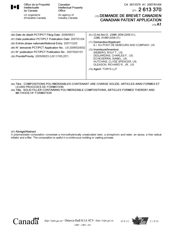 Canadian Patent Document 2613370. Cover Page 20080319. Image 1 of 1
