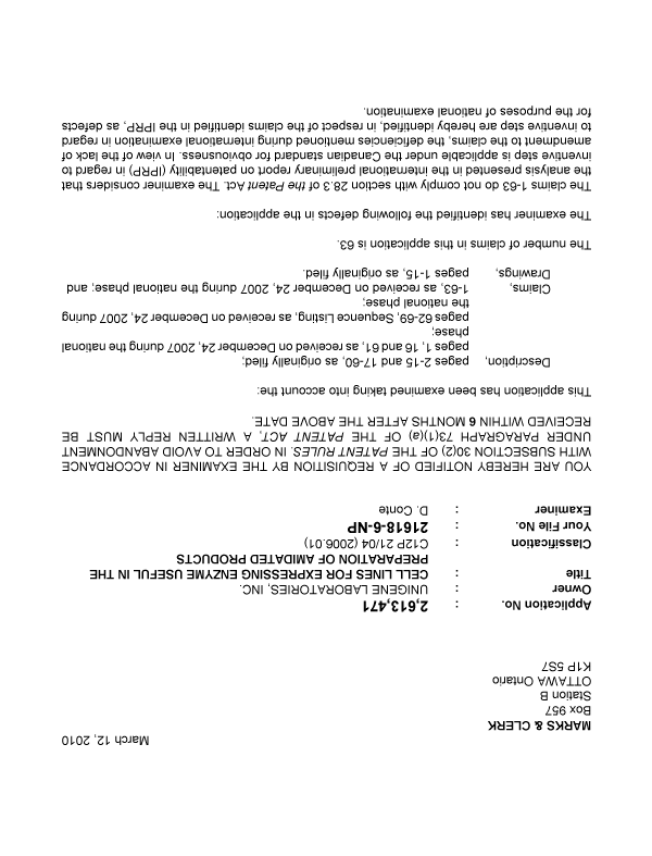 Canadian Patent Document 2613471. Prosecution-Amendment 20100312. Image 1 of 2
