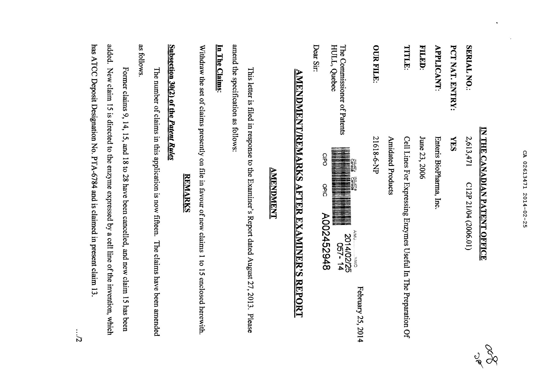 Canadian Patent Document 2613471. Prosecution-Amendment 20140225. Image 1 of 14