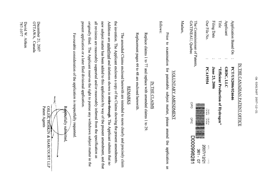 Document de brevet canadien 2613497. Poursuite-Amendment 20061221. Image 1 de 12