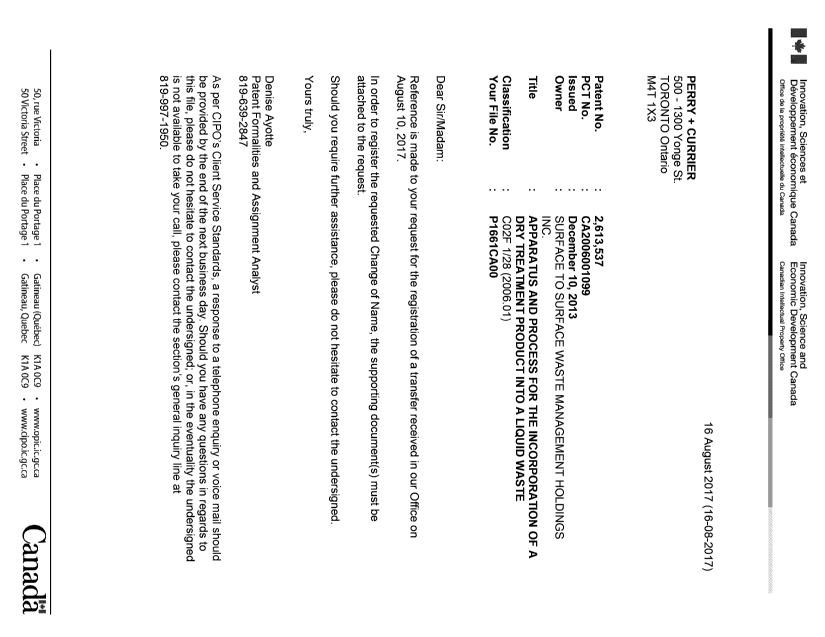 Document de brevet canadien 2613537. Correspondance 20161216. Image 1 de 1