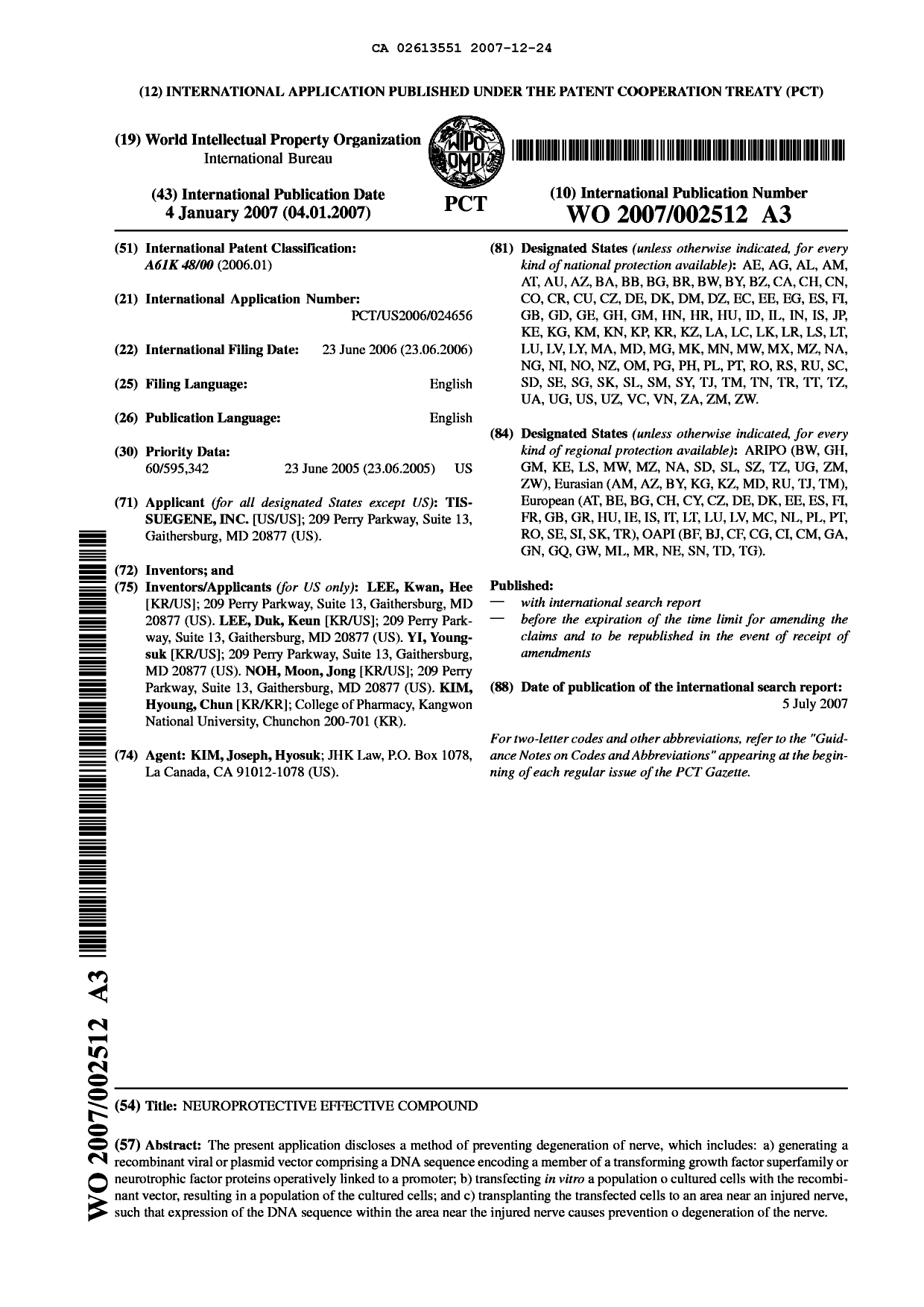 Document de brevet canadien 2613551. Abrégé 20071224. Image 1 de 1