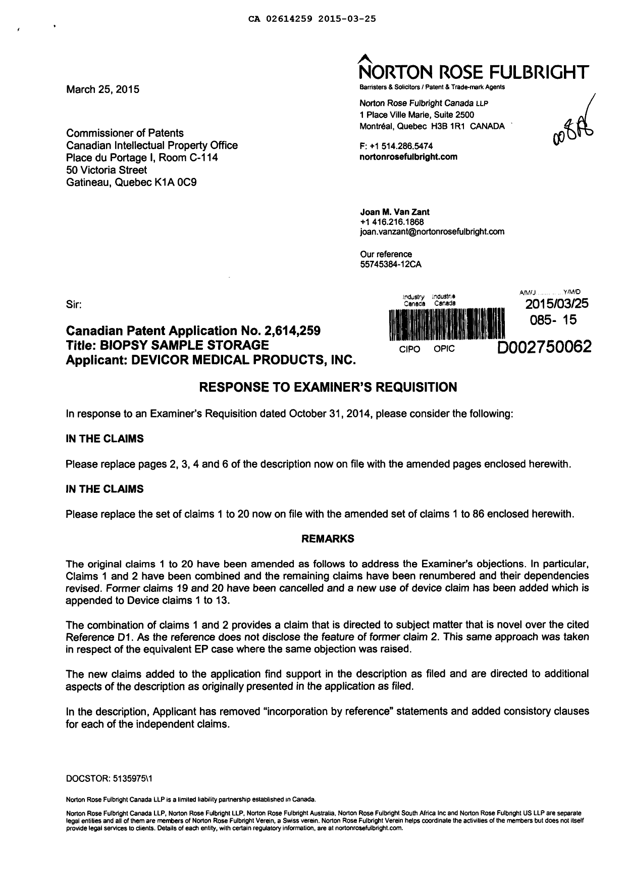 Canadian Patent Document 2614259. Prosecution-Amendment 20150325. Image 1 of 22