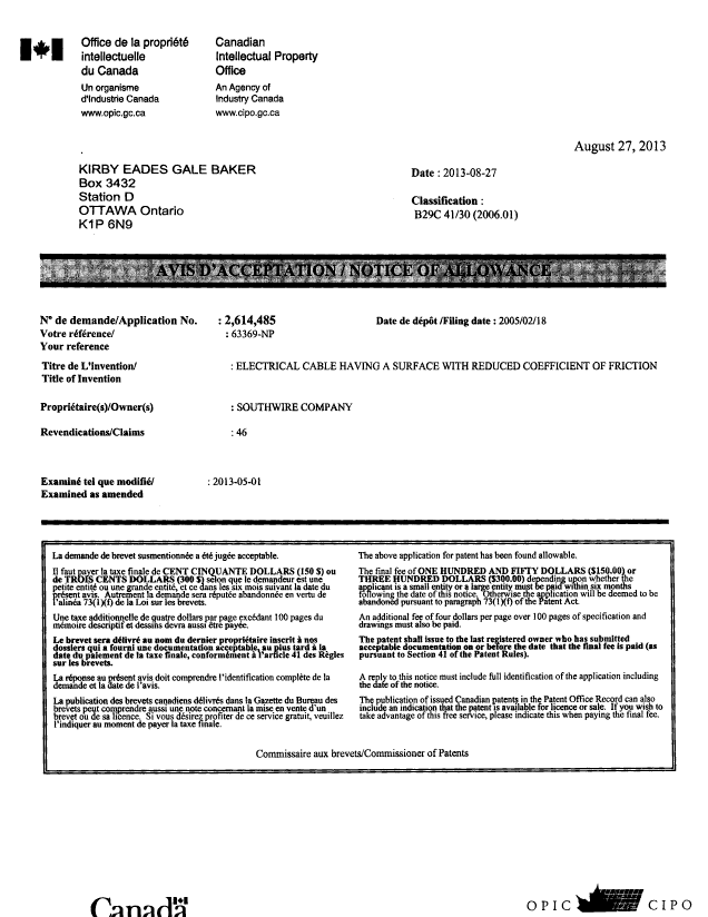 Document de brevet canadien 2614485. Correspondance 20130827. Image 1 de 1