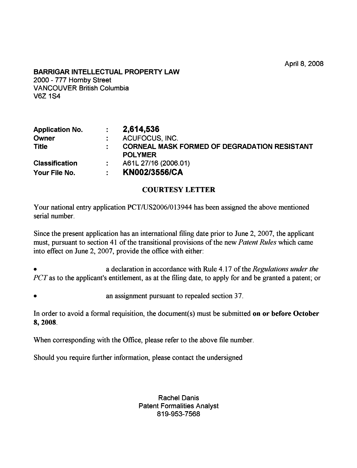 Document de brevet canadien 2614536. Correspondance 20080402. Image 1 de 1