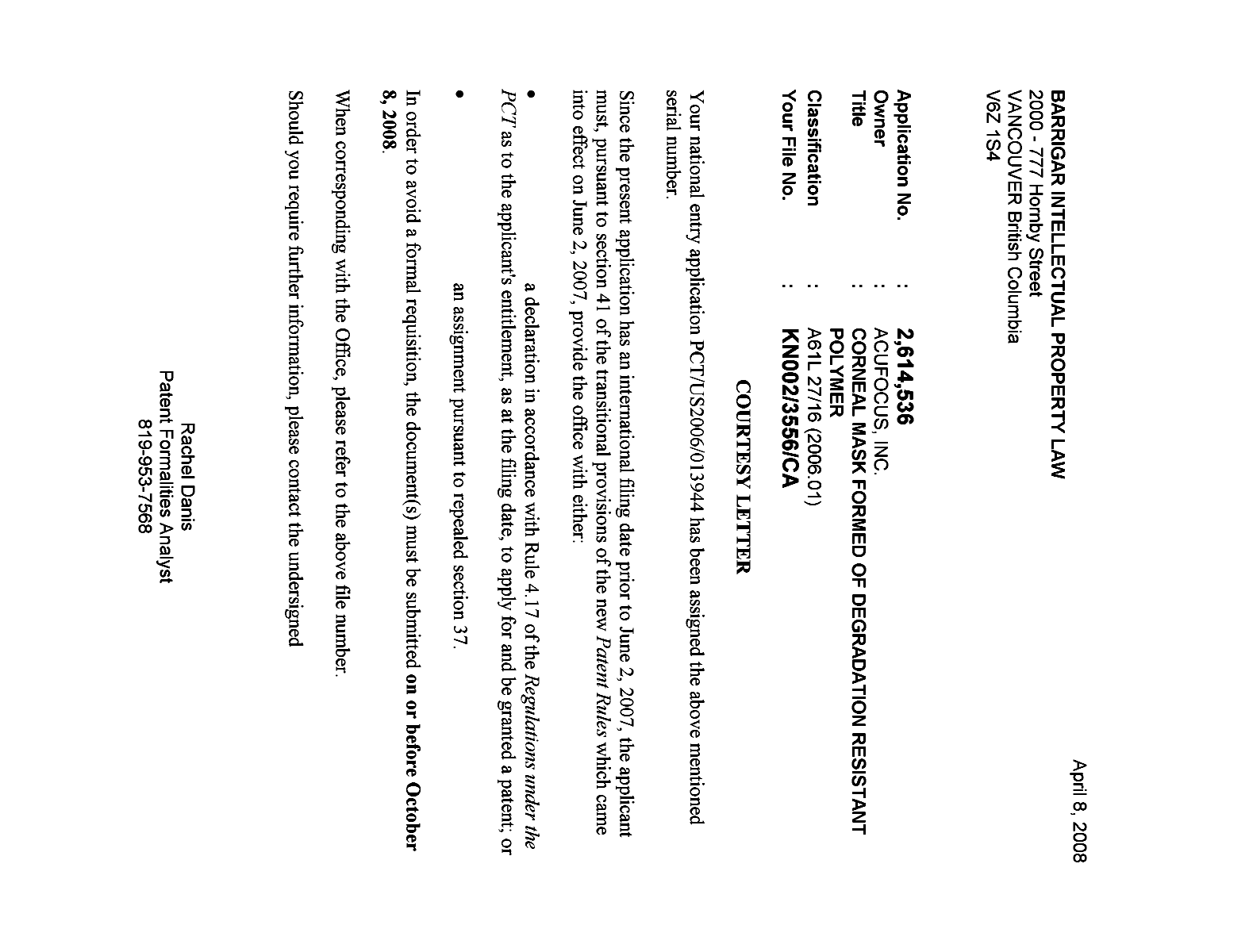 Canadian Patent Document 2614536. Correspondence 20080402. Image 1 of 1